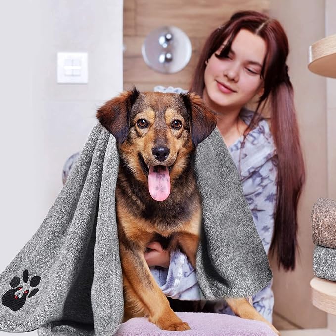 Dogvingpk Medium Dog Towel 4 Pack, Super Absorbent Soft Quick Drying Microfiber Pet Bath Towels for Medium & Small Dogs (M-36" * 28", 2Grey and 2Brown)