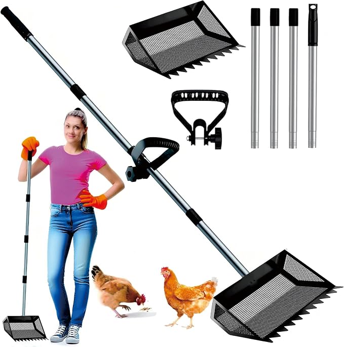 Chicken Poop Scooper & Rake 3-in-1, Metal Coop Shovel, Sand Sifting Shovel, Pet Waste Cleans. Litter Sifting Cleaning Tool with 35" to 62" Adjustable Stainless Steel Handlele