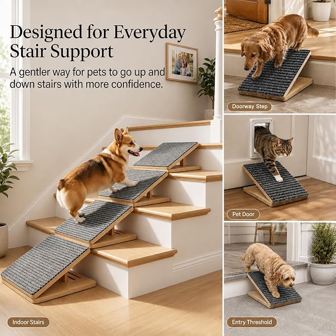 2 Pack Dog Ramp for Stairs - Solid Wood Adjustable & Foldable Pet Ramps, 3 Heights, Non-Slip Silicone Base & Traction Felt, 100lb Capacity, Indoor Stairs & Porch