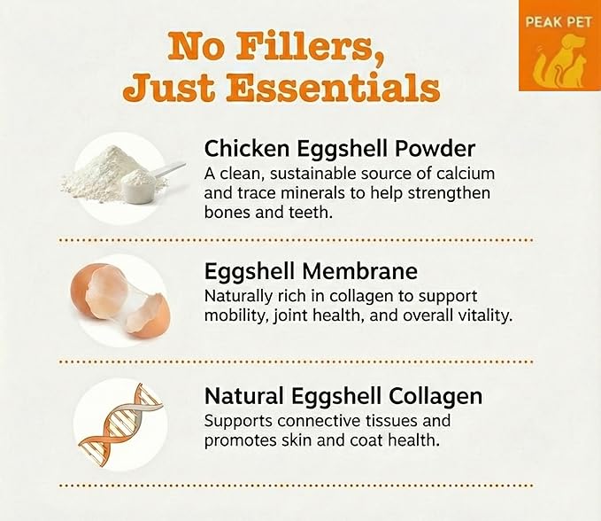 Organic Calcium for Dogs and Cats - Eggshell Powder with Eggshell Membrane and Calcium Carbonate, Egg Shell Powder Supports Strong Bones, Teeth & Mobility, Made in USA