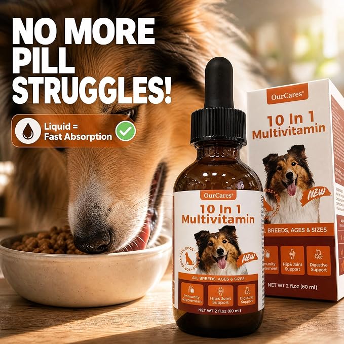 Liquid Dog Vitamins, Multivitamin Drops with Glucosamine, 2 fl oz | MSM & cranberry with vitamins B, C, D3 for skin, coat, energy, immune & urinary health. Tasteless for picky and senior dogs.