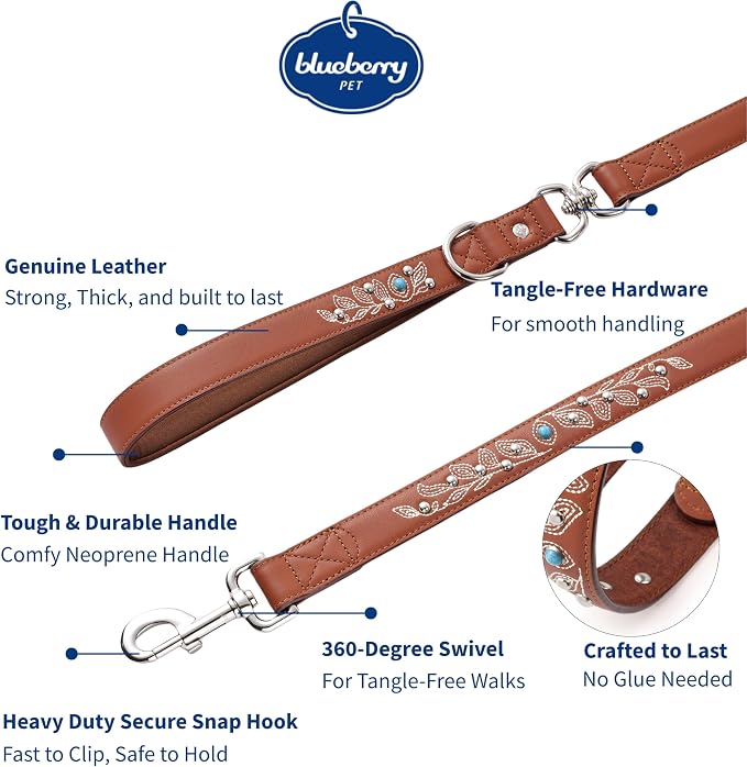 Blueberry Pet Western Cowboy Premium Brown Leather Dog Leash with Decorative Floral Design