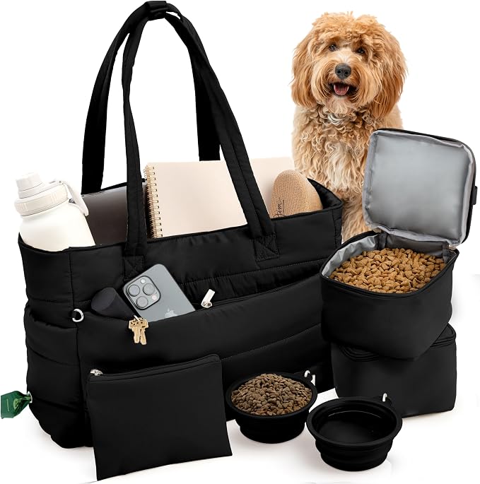 rubyloo Puffer Dog Travel Bag with Bowls & Food Storage, Black