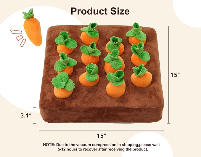 Squeak Carrot Snuffle Mat & Puzzle Toy for Dogs Enrichment with 12 Carrots | Sniff Mat & Interactive Toy, Hide Treats in 12 Carrots, Non-Slip Base, Foraging & Mental Stimulation, Durable & Easy Clean