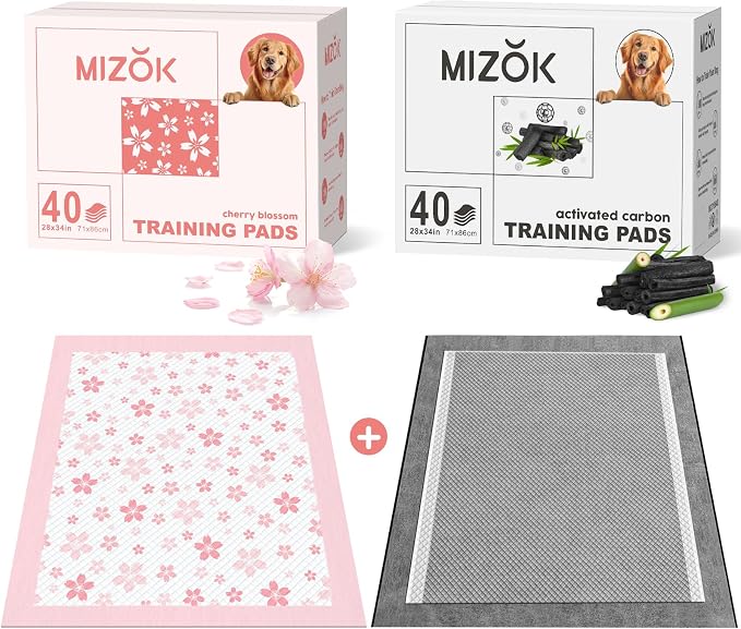 MIZOK Puppy Pads 28x34in Pee Pads for Dogs, Dog Pads Extra Large Absorbent with Adhesive Tabs 6-Layer Leak-Proof Quick-Dry Design Odor Control, Cherry Blossom Prints ＆ Charcoal (80 Counts)