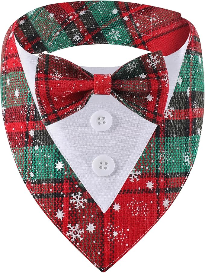 Adjustable Red Plaid Christmas Dog Tuxedo Bandana with Bow Tie, Small, XS, Red