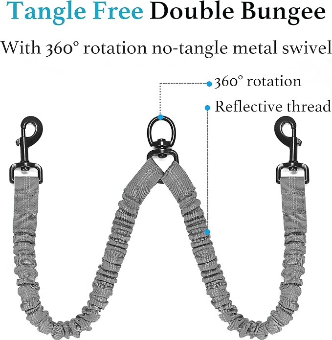 iYoShop Double Dog Leash, 360° Swivel, No Tangle, Large, 25-150 lbs, Grey | Dual Leash for Two Dogs, Split Leash, Shock-Absorbing Bungee, Padded Handle, Heavy-Duty Rope