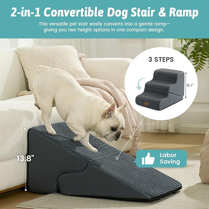 COZY KISS Dog Stairs for Small Dogs, 3-Step 2-in-1 Dog Steps,15.7" H | 3-step dog stairs and ramps for Old Cats, Puppy, Small Dogs,Non-Slip Base,for Couch & Bed, Dark Grey