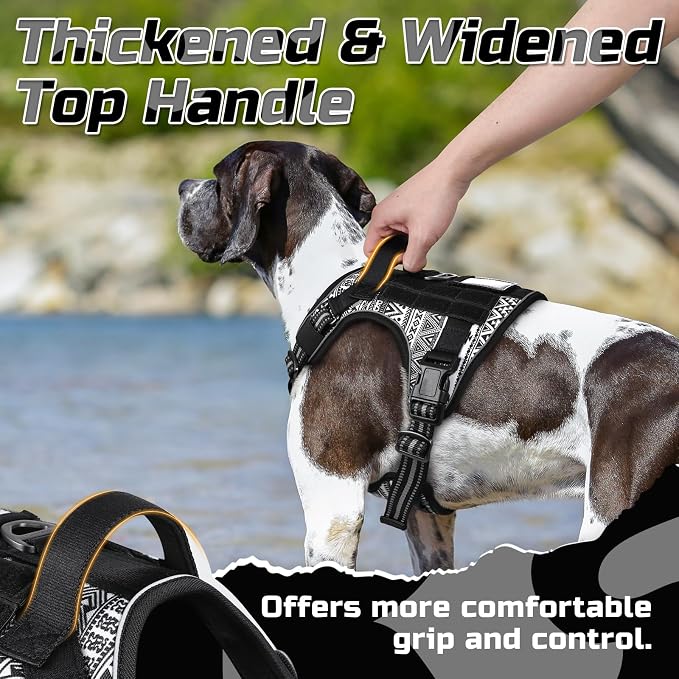 rabbitgoo Tactical Dog Harness for Large, No Pull Military Service Vest | Molle & Handle, Heavy Duty, Adjustable, Reflective Straps, Easy Control for Training Walking, B&W Geometric, Large