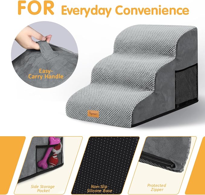 Topmart 3 Tiers Foam Dog Ramps/Steps,Non-Slip Pet Steps,Extra Wide Deep Dog Stairs,High Density Foam Pet Stairs/Ladder,Best for Older Dogs,Cats,Small Pets