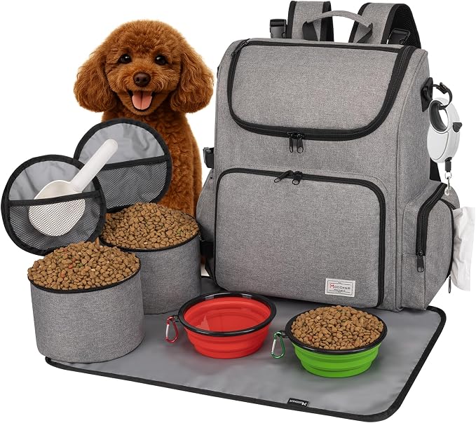 Modoker Dog Travel Bag Backpack, Airline Approved Pet Accessories Organizer for Dog and Cat with Shoulder Strap, 2 Dog Food Storage Containers, 2 Collapsible Dog Bowls,1 Pet Mat, Grey