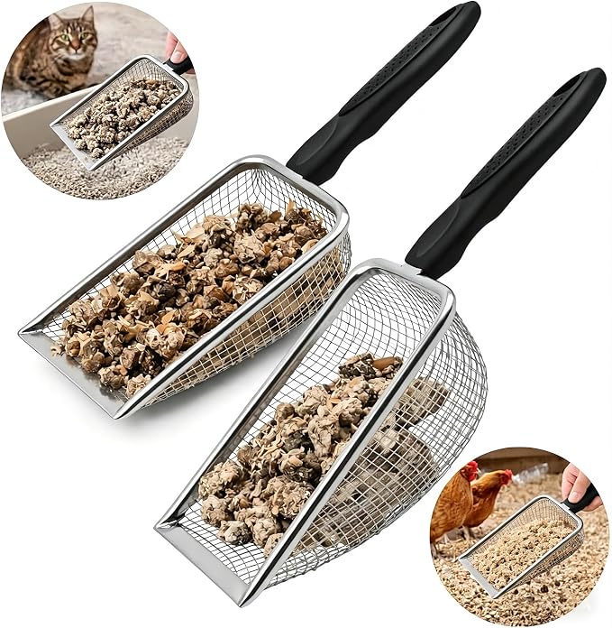 Chicken Poop Scooper 2 Pack, Stainless Steel Chicken Coop Scoop with 3.8mm & 5mm Mesh, Metal Litter Scoop for Chicken Coop Cleaning, Cat Litter Box and Sand (Black, 2pack)
