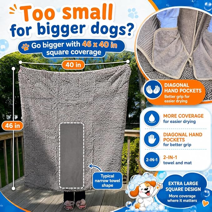 Pet 2-in-1 Dog Towel & Mat – Transforms from Drying to Bath Mat, Ultra Soft, Absorbent & Quick-Drying, Machine Washable Dog Towels with Detachable Non-Slip Mat and Hand Pockets (Large)