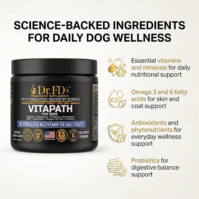 Dr. FD's VitaPath Dog Multivitamin, Vet-Formulated Soft Chews, 120 Count, Daily Vitamins with Antioxidants and Omegas for Skin and Coat, Energy and Healthy Aging, Natural Beef Flavor