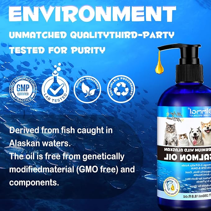 Salmon Oil for Dogs and Cats 8.8fl.oz, Omega 3 EPA DHA Joint&Immune Health, Salmon Oil for Dogs Skin and Coat Support(Cats), Wild Alaskan Salmon Oil for All Ages and All Breefs, for Dog and Cat.