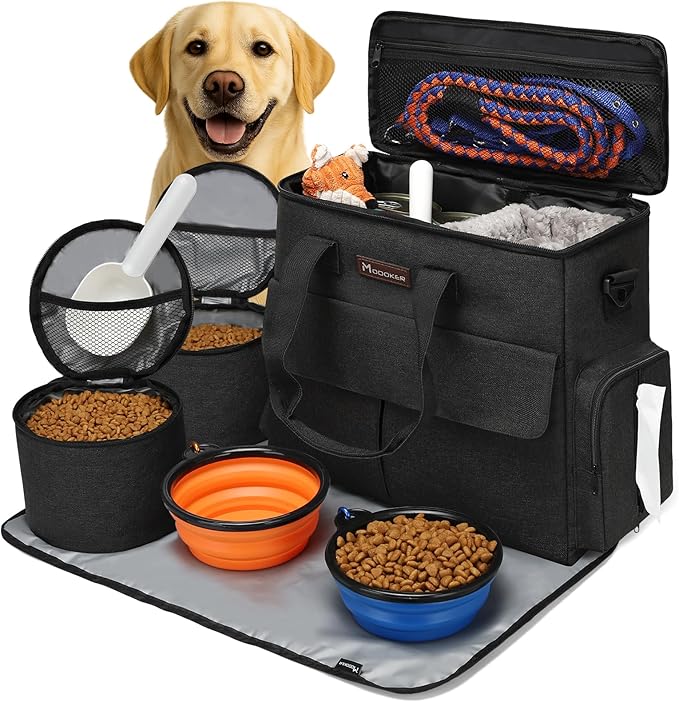 Modoker Dog Travel Kit for Weekend, with Bowls & Food Containers, Black
