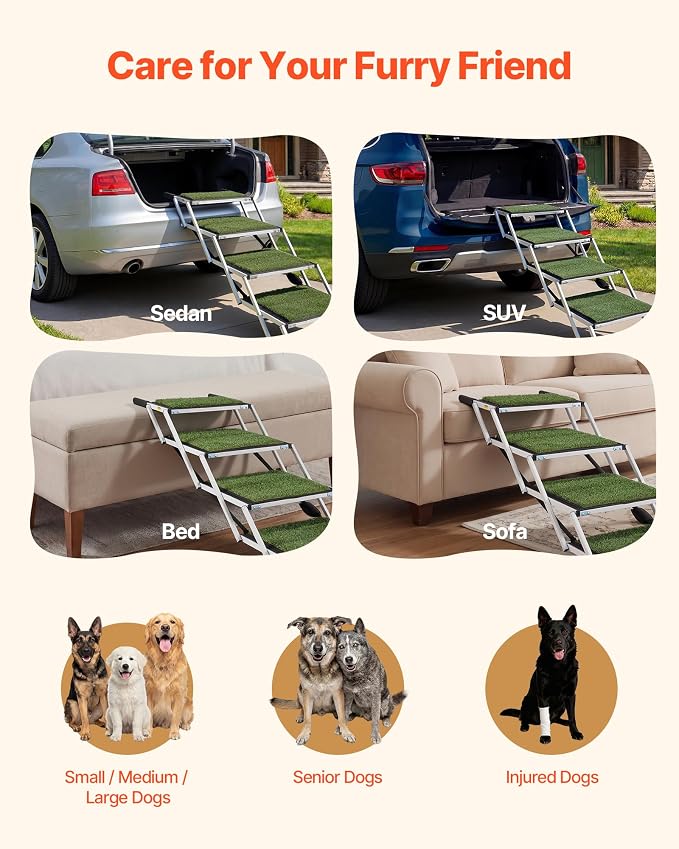 VEVOR Dog Stairs for Car, 4 Steps Extra Wide Foldable Dog Ramp for Large Dogs with Non-Slip Surface, Portable Lightweight Pet Stairs Ladder for Car, SUV, Truck, High Bed, Sofa, Support up to 200 lbs