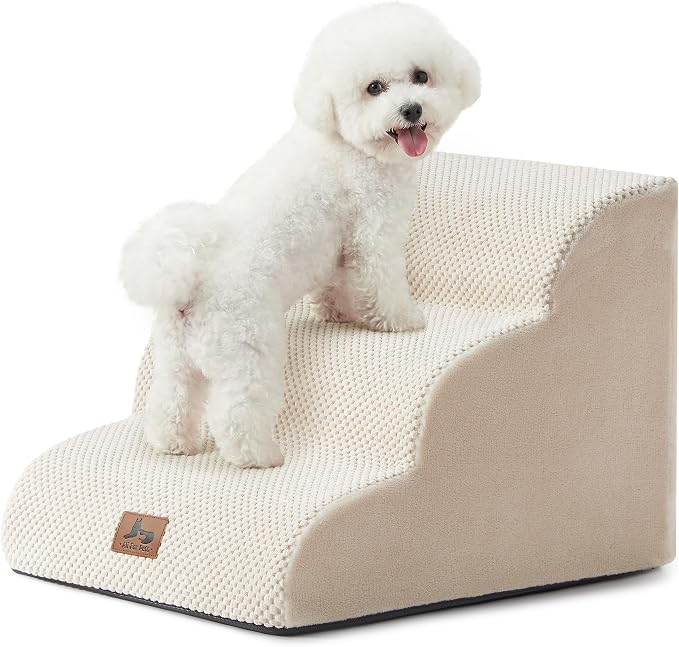 Dog Stairs for High Bed 13.5" H, 3-Step Dog Steps for Small Dogs and Cats, Pet Steps Ramp for Couch Sofa, Non-Slip Stable Indoor Pet Ladder with High Density Foam, Beige