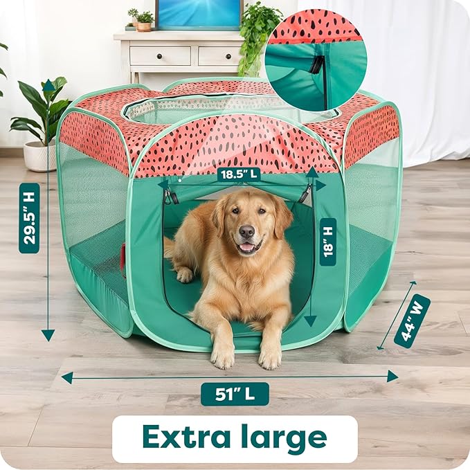 FurHaven Soft-Sided Dog & Cat Playpen, Portable Foldable Indoor & Outdoor Pet Playpen with Mesh Windows & Zippered Door, Green & Pink, Extra Large