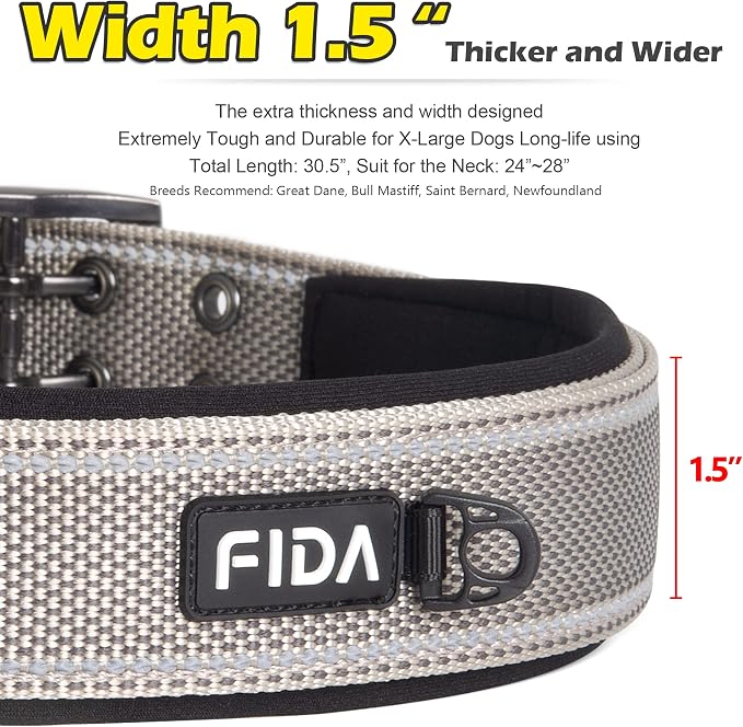 Fida Heavy Duty Dog Collar for Large Dogs with Metal Belt Buckle, Grey | 1.5" Width, Soft Neoprene Padded, Thicker Nylon Webbing, Adjustable Fit, Reflective Stitching for Night Safety