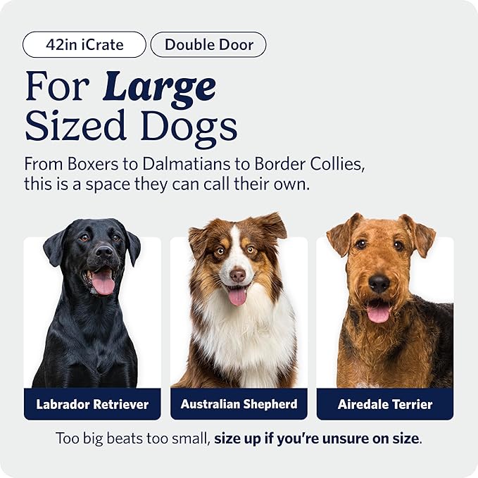MidWest Homes for Pets 42-Inch iCrate for Large Breeds, 71-90 lbs, Double Door Folding Dog Crate with Divider Panel, Leak-Proof Tray & Secure Latches, Portable, Durable & Easy to Assemble