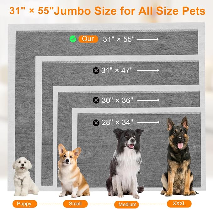 Charcoal Puppy Pads 55"×31", Ultra-Large Carbon Pee Pads for Dogs 100Count, Odor-Control Dog Pee Pads, 6-Layer Dog Training Pads, Ultra-Absorbent & Quick-Dry Black Puppy Pads
