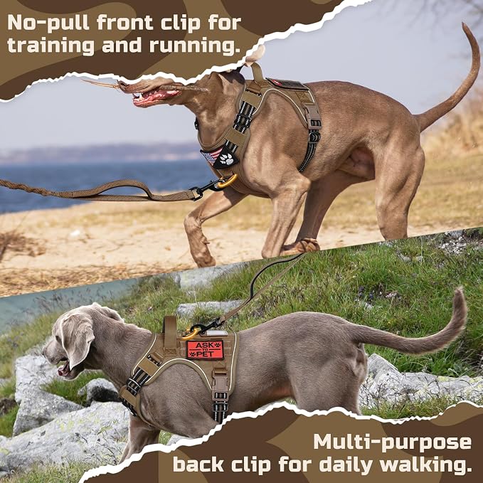 rabbitgoo Tactical Dog Harness for X-Large, No Pull Military Service Vest | Molle & Handle, Heavy Duty, Adjustable, Reflective Straps, Easy Control for Training Walking, Brown, X-Large