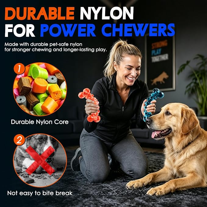 WOWBALA Dog Toys for Aggressive Chewers,Indestructible Dog Chew Toy | Tough Nylon, Not Easy to Bite Break, Long Lasting Fun, Teeth Cleaning for Medium & Large Dogs,2 Pack