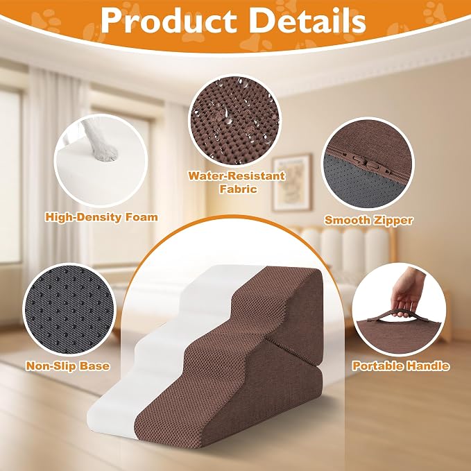 Dog Stairs for Small Dogs 16’’ H, 3-Step Dog Steps for Bed, Foldable Pet Stairs and Ramp for Dogs and Cats to Get on Beds, Couch, Non-Slip Balanced Pet Steps with Waterproof Cover, Brown