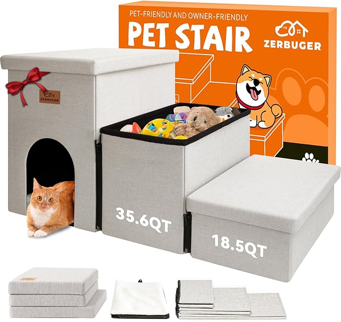 Zerbuger Dog Stairs with Condo 18" H, 3-Step Wider Dog Steps for High Beds Couch, Folding Storage Pet Stairs Gift for Small/Medium/Large Old Dogs Cats, Ramp for Climbing Car Up to 200 lbs, Beige