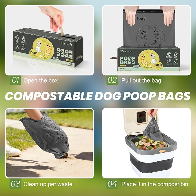 Compostable Dog Poop Bags-300 Bags 1Rolls, Poop Bags for Dogs Made of Cornstarch, Lavender Scented, Ideal for Backyard or Home and Cat Litter Disposal