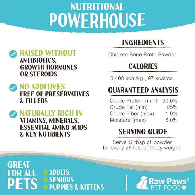 Raw Paws Chicken Bone Broth for Dogs & Cats, 6-oz - Made in USA - Dog Food Topper - Bone Broth Protein Powder for Dogs and Cats - Supports Joint Health - All Ages, Sizes & Breeds