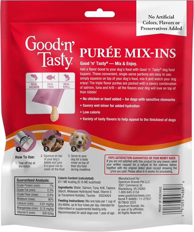 Good 'n' Tasty Triple Flavor Puree Mix-Ins Dog Food Topper Treats for All Dogs, 28 Count, Easy Single-Serve Portions, Added Protein with Salmon, Tuna and Krill, No Chicken or Beef Added
