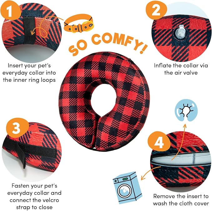 BENCMATE Inflatable Dog Cone Collar Alternative After Surgery Medium, Plaid | Soft Dog Cone for Small Medium Large Dogs and Cats, Doggie Neck Donut Recovery ECollar to Stop Licking Pets from Injury
