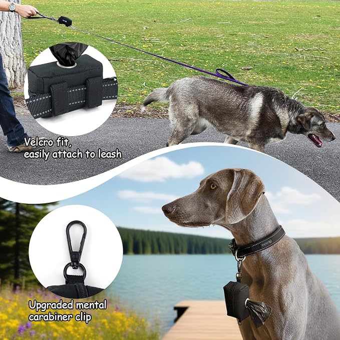 Wagtime Club Dog Poop Bag Holder for Leash, Waste Bag Dispenser, Soft Fabric Puppy Potty Carrier Suitable for Any Leash with 1 Roll of Pet Trash Bag, Black