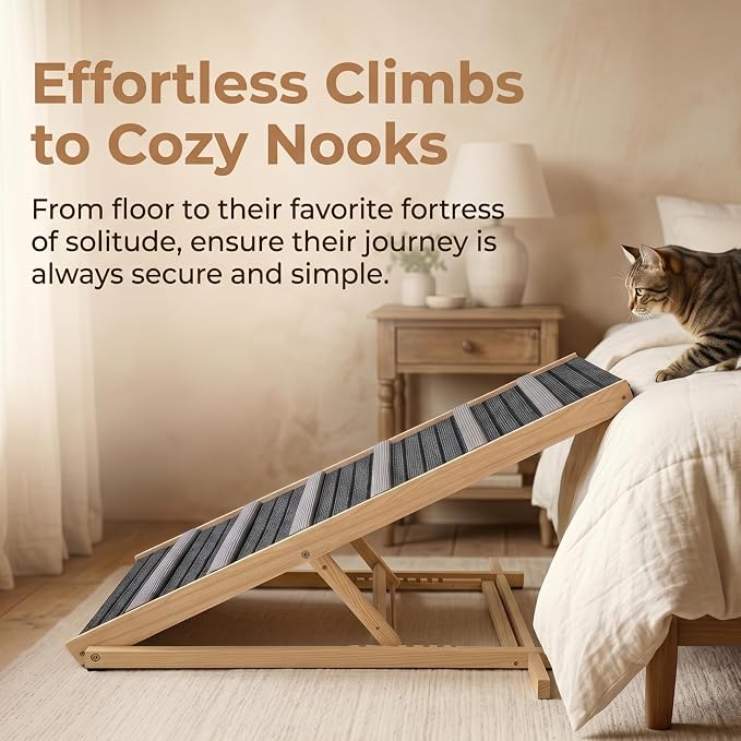 Dog Ramp for Couch and Bed, Portable Pet Ramp with 6 Adjustable Heights (14''-25''), Stable Pine Wood Pet Steps with Non-Slip Surface for Small Dogs and Cats