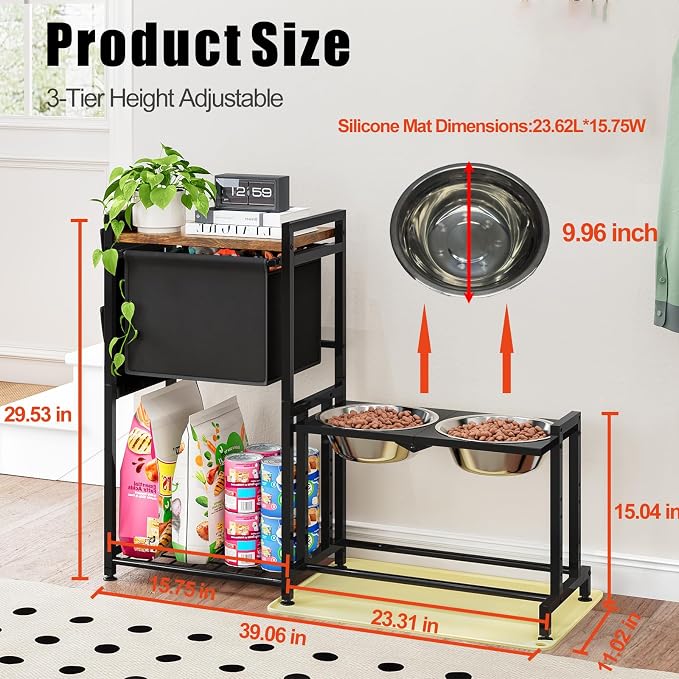 Elevated Dog Bowl Stand with Toy Basket Adjustable Metal Feeding Station Cabinet with Non-Slip Silicone Mat Pet Storage Organizer for Large Medium Small Dogs and Cats Black Include 2 Dog Bowl