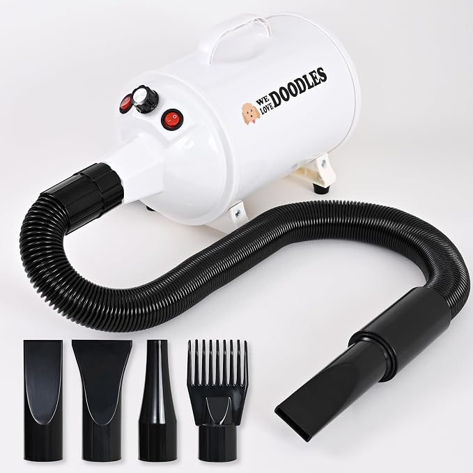 Dog Hair Dryer, High Velocity Blow Dryer & Pet Blower for Grooming, White | Adjustable Speed & Temperature Settings, Powerful Force Dryer Motor, Dries Fast & Fluffs Out Undercoat, Doodles & Poodles
