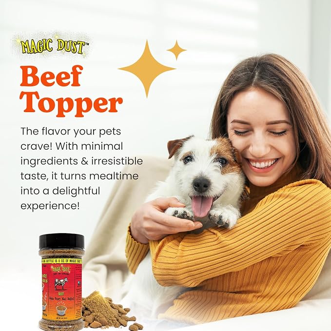 Magic Dust Beef Jerky Topper, Single Protein Pet Food Topper for Dogs & Cats, Enhance Flavor & Elevate Mealtime Excitement for Picky Eaters - 8 Ounce Bottle in Beef Flavor