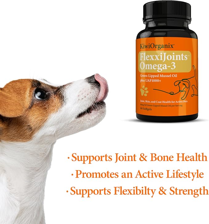 FlexxiJoints Omega-3 Hip and Joint Supplement • Green-Lipped Mussel Omega-3 Oil for Dogs • 100% New Zealand Green-Lipped Mussels (60 Softgels)