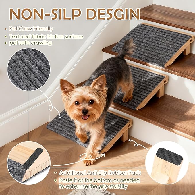 Foldable Dog Ramp for Stairs, Wooden Dog Stairs for Small Dogs | 4.2"H, 2 Pack, Up to 170 lbs, Assist Elderly/Injured Small Dogs, Anti-Slip Carpet Surface, Natural Solid Wood, No Assembly