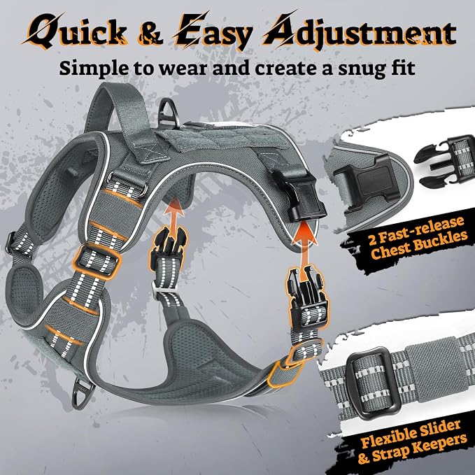 rabbitgoo Tactical Dog Harness for Large Dogs, No Pull Service Pet Vest | Military Molle System & Easy Control Handle, Adjustable and Reflective for Walking and Training, Grey, X-Large