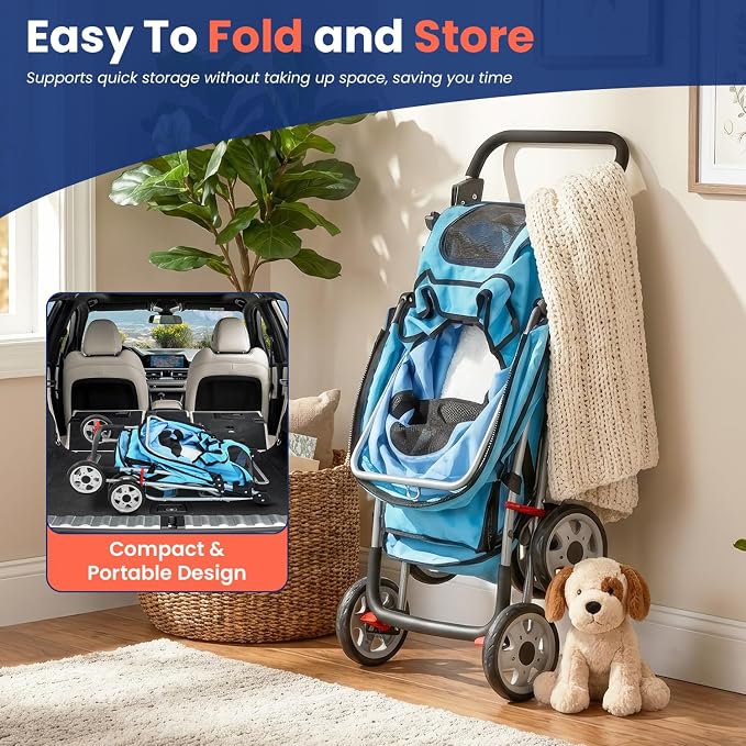 BestPet 4-Wheel Pet Stroller - Blue, Travel Folding Carrier 04T