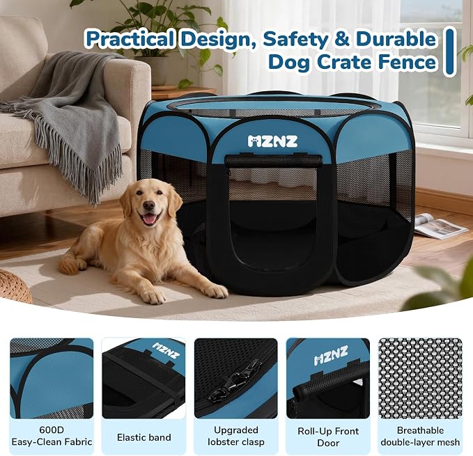 Dog Playpen, Portable Puppy Pet Crate Indoors for Small/Medium/Large Dogs Cats Rabbits, Foldable Dog Cage Enclosure for Outdoor, Pop Up Dogs Tent Kennel with Carrying Case, Blue Black