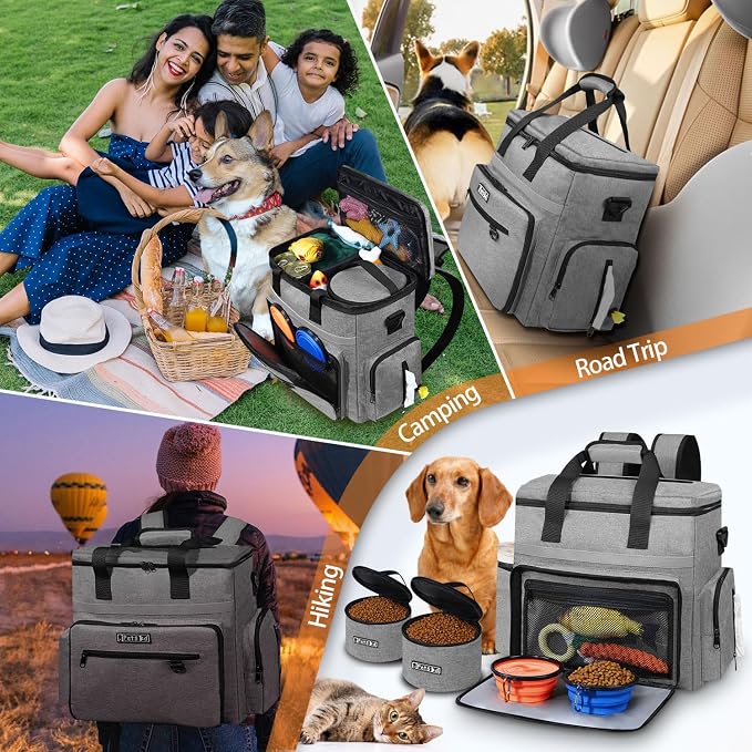 Petskd Dog Travel Bag for Supplies, 27L Large Space Pet Organizer Backpack, Airline Approved Weekend Bag with Multi-Function Pockets for Overnight Camping with 2 Food Containers, 2 Bowls (Grey)