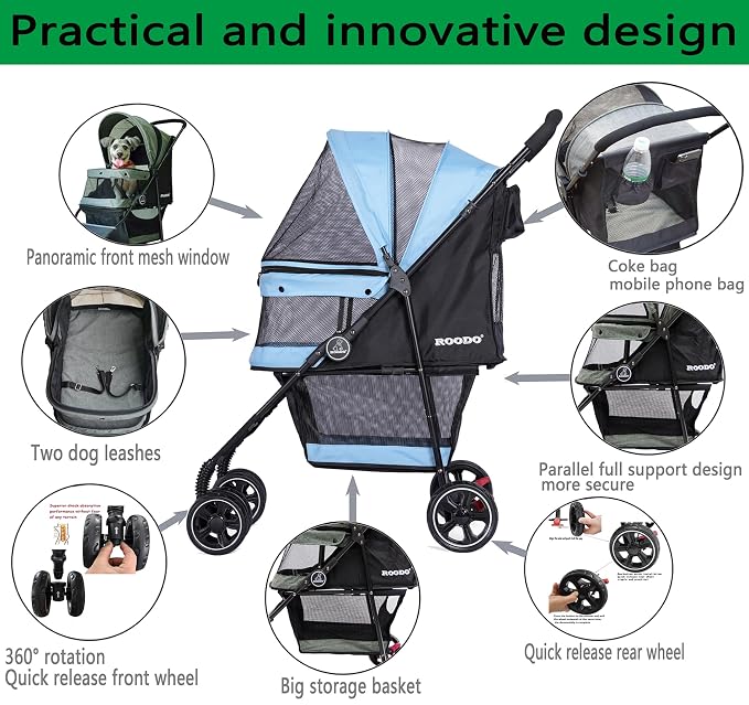 ROODO 4-Wheel Pet Stroller - Sky Blue, up to 30lbs, All-Terrain