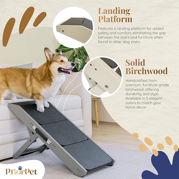 Dog ramp for Couch – Non-Slip, Sturdy Build Foldable Dog ramp – Supports up to 200lbs – Adjustable 7'' to 20'' – Landing Platform Seamlessly Connects – Birchwood Pet Ramp for Small Dogs – Gray