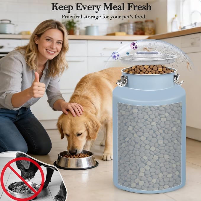 25lb Stainless Steel Dog Food Storage Container with Lid and Scoop, 25lb, Stainless Steel, Blue