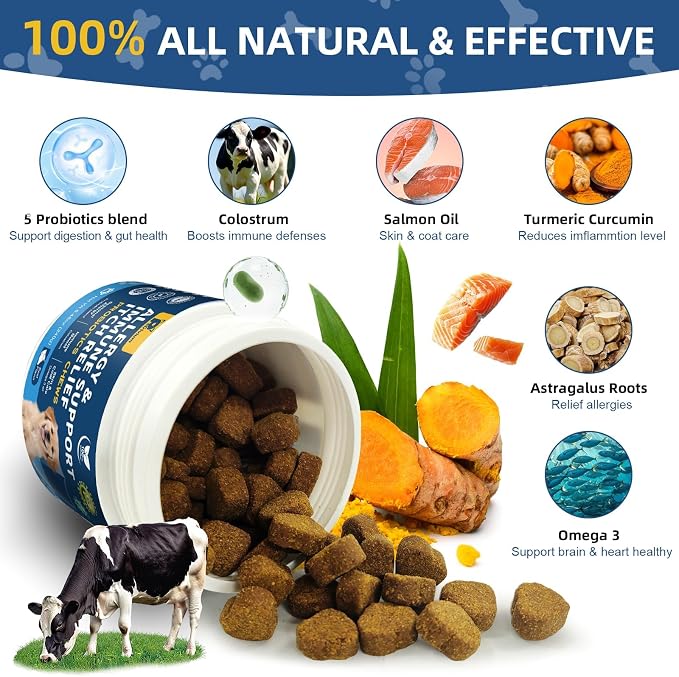 Dog Allergy Relief Chews, Helps Relieve Itchy Skin, Paw Licking & Ear Irritation, Dog Allergy Supplement with Probiotics for Skin & Immune Support, Colostrum & Fish Oil/Beef Flavor(Tan)