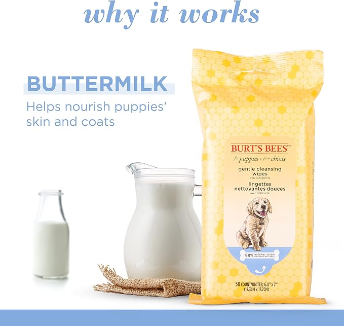 Burt’s Bees for Pets Gentle Cleansing Puppy Wipes with Buttermilk - Hypoallergenic, 98% Natural Origin Wipes That Gently Cleanse and Condition, Safe Formula, 50 Count - 6 Pack